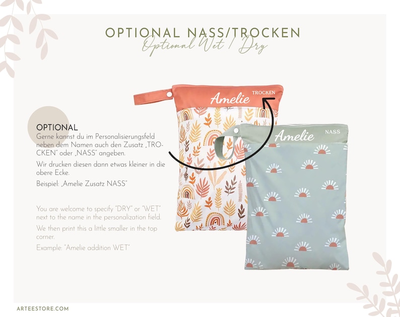 May include: Two reusable wet/dry bags. One bag is peach with a rainbow and leaf pattern, the other is mint green with a sunburst pattern. Both bags have a name printed on them, and the text "Optional Nass/Trocken" is at the top.