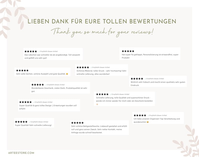 May include: A cream-coloured print featuring customer reviews with star ratings and text in German and English. The text includes phrases like "Thank you so much for your reviews!" and "Super Qualit&auml;t". The website address ARTEESTORE.COM is also visible.