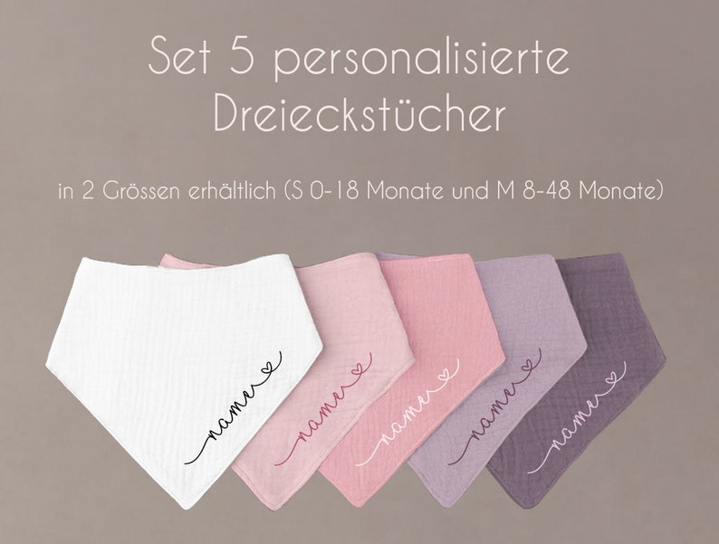 Set 5 Stück personalisierbar Musselin Baby und Kleinkind Halstücher Dreieckstücher Spucktücher Baumwolle Lätzchen Gaze, Geschenk Bild 1