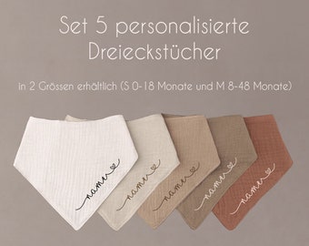 Set 5 Stück personalisierbar Musselin Baby und Kleinkind Halstücher Dreieckstücher Spucktücher Baumwolle Lätzchen Gaze, Geschenk