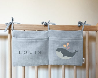 Personalized baby bed organizer made of muslin ideal as a gift for birth birthday cotton