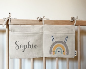 Personalized baby bed organizer made of muslin ideal as a gift for birth birthday cotton