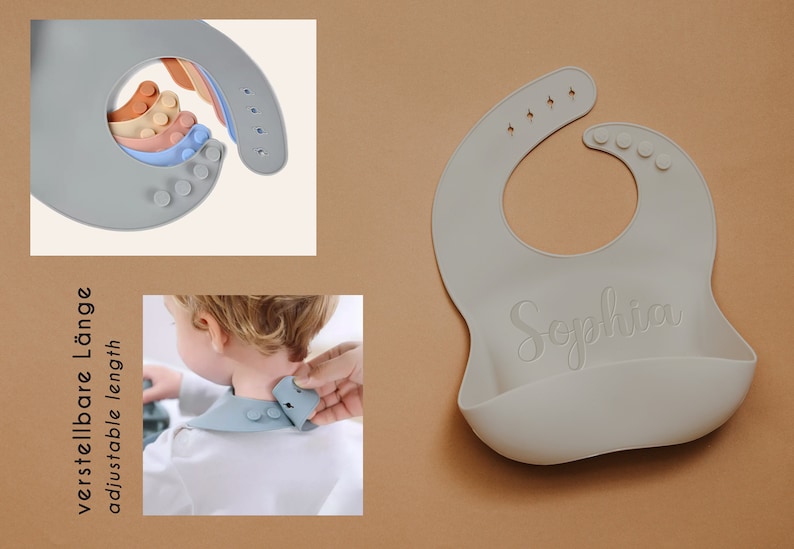 Silikon Lätzchen mit Gravur Personalisation mit Auffangtasche Baby und Kleinkind ideal als Geschenk zur Geburt Beikoststart Geburtstag Bild 2