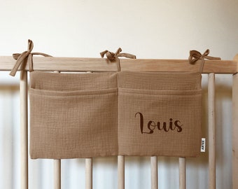 Muslin Baby Bed Organizer with Personalisation Pockets Storage made of Muslin