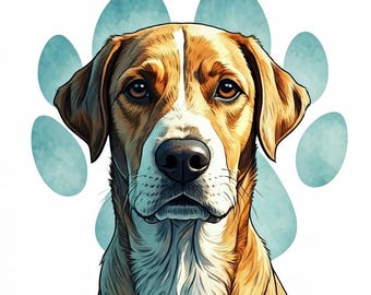 Puede incluir: Un perro marrón y blanco con orejas caídas, mirando directamente a la cámara. El perro está delante de una huella de pata azul y blanca.