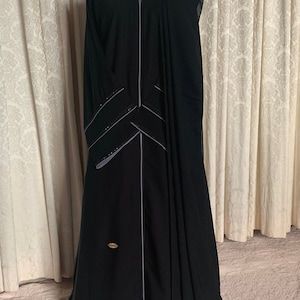 Black Abaya with Gray Trim: Rhinestone Sleeve Detail, Matching Scarf