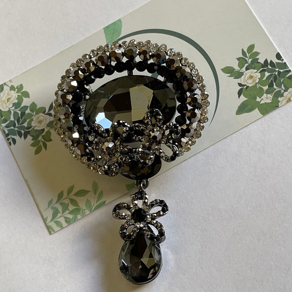 Hijab Brooch Crystal Stone Flower Black White Stones, Dangling Crystal Raindrop Black Stone Abaya Pin Accessories, Vintage Luxury Fashion