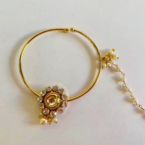Indian Nath Jewelry, Bridal Nose Ring Chain, Gold Plated Rhinestone