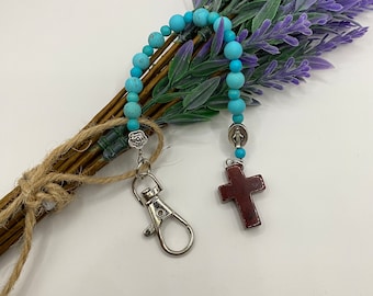 Manini (small) One Decade Miraculous Medal Rosary Keychain. Turquoise Beads. |catholic rosary, car rosary, catholic keychain|