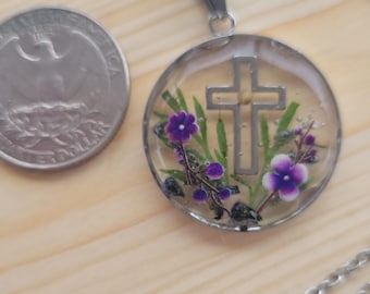Mustard Seed Purple Flowers and Cross Necklace