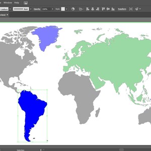 May include: A simple vector world map with different colored continents. North America, Africa, and Australia are gray. South America is blue. Europe and Asia are green.  The map is in a digital design program.