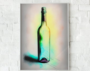 Weinflasche, leere Flasche, Alkohol Kunst, Küchenkunst, Kulinarische Kunst, Wandkunst, Wand Dekor, Pastell, Digital Art Print