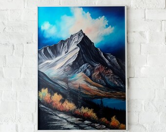 May include: A painting of a mountain range with a blue sky and white clouds. The mountain peaks are covered in snow and the valleys are filled with trees. A small lake is visible in the foreground.