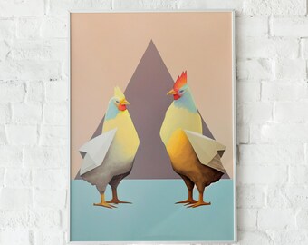 Pastel Rooster Print, Farm Animal Polygon Art (Digital Download)