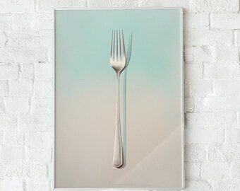 Gabel, Silbergabel, Utensilien, Küchenkunst, Kulinarische Kunst, Wandkunst, Wanddekor, Pastell, Digital Art Print