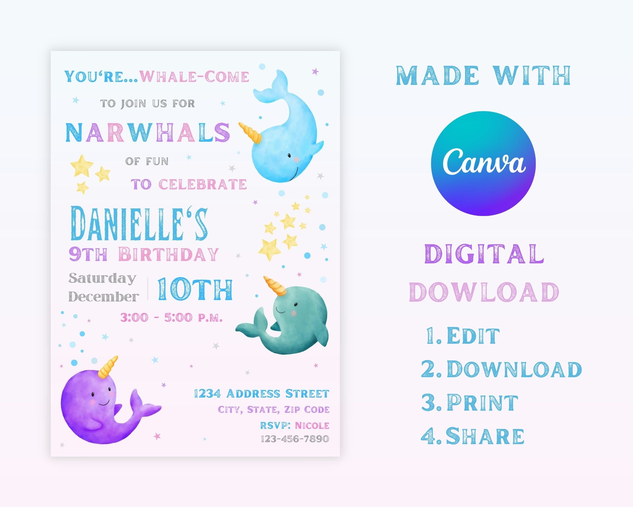 Editable Narwhal Birthday Invitation Template, Narwhal Invitation ...