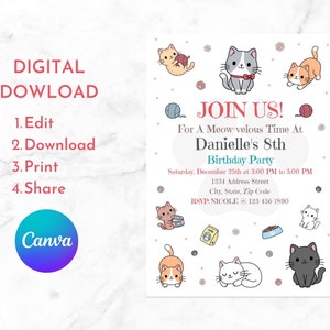 Editable Cat Birthday Invitation Template, Cat Invitation, Cat Party Invite, Kids Birthday Invitation