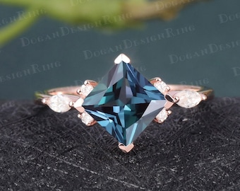 Princess Cut Alexandrite engagement ring art deco rose gold Diamond promise ring unique engagement ring moissanite wedding bridal ring women