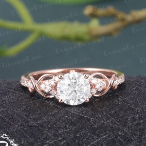 Vintage moissanite engagement ring Unique Rose gold round cut diamond Cluster engagement ring bridal ring Promise Anniversary gift for women
