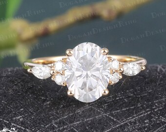 Vintage Moissanite engagement ring Unique Yellow gold Oval Cut Cluster  diamond Engageement ring bridal ring Promise Anniversary gift women