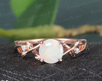 Vintage Opal engagement ring Unique 14K Solid Rose Gold Promise Ring Uniuqe Twist leaf ring Anniversary Gifts Personalized Jewelry for her