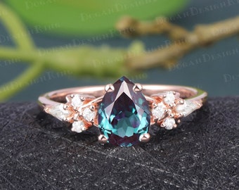 Vintage Pear shaped Alexandrite engagement ring Rose Gold Engagement Ring Unique Kite Cut Diamond Cluster Ring Art deco Promise Bridal ring