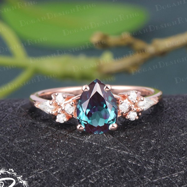 Vintage Pear shaped Alexandrite engagement ring Rose Gold Engagement Ring Unique Kite Cut Diamond Cluster Ring Art deco Promise Bridal ring