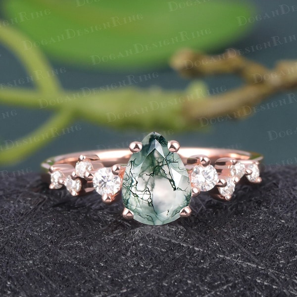 Vintage Pear cut moss agate engagement ring Unique Rose gold Cluster diamond engagement ring bridal ring Promise Anniversary gift for women