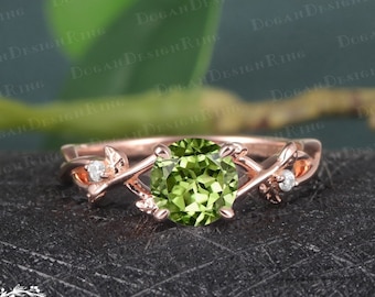 Vintage Peridot engagement ring Unique 14K Solid Rose Gold Promise Ring Uniuqe Twist leaf ring Anniversary Gifts Personalized Jewelry Women