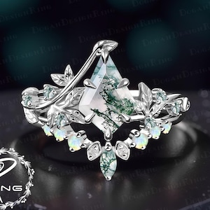 Unique kite moss agate engagement ring set Art deco 14K white gold promise ring Nature Inspired leaf ring Vintage bridal set Jewelry gift