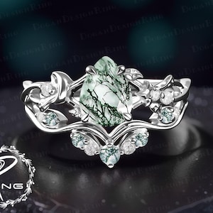 Unique pear moss agate engagement ring set Art deco promise ring Solid 14K white gold bridal set Nature inspired leaf moon ring Jewelry gift