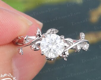 Vintage moissanite engagement ring Unique 14K solid white gold promise ring Nature inspired art deco leaf ring Anniversary gifts for women