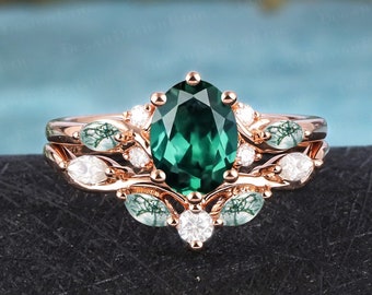Vintage oval cut emerald engagement ring sets Art deco promise ring Solid 14K 18K rose gold bridal sets Uniuqe anniversary gifts for women