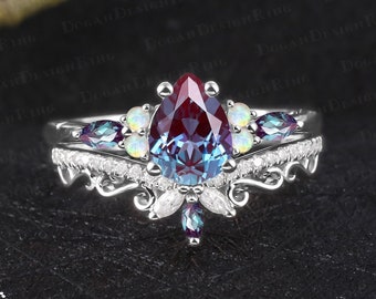 Unique pear shaped alexandrite engagement ring sets Vintage 14K white gold promise ring Art deco gemstone bridal sets Jewelry gifts for her