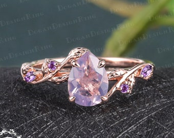 Unique Pear Shaped Lavender Amethyst Engagement Ring Solid 14K Rose Gold Leaf Ring Art Deco Nature Inspired Twist ring Handmade Jewelry Gift