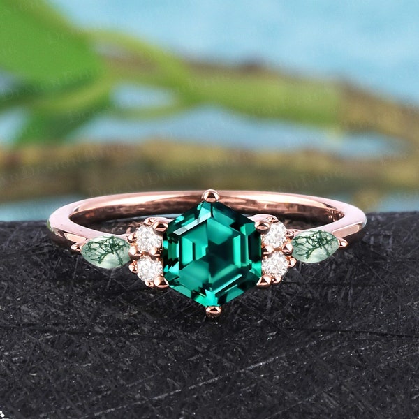 Vintage hexagon cut emerald engagement ring Art deco promise ring for women Solid 14K rose gold green gemstone ring Uniuqe anniversary gifts