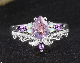 Unique pear shaped lavender amethyst engagement ring sets Vintage 14K white gold promise ring Art deco gemstone bridal sets Her jewelry gift