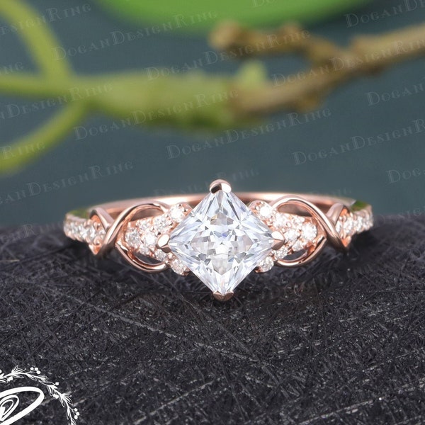 Vintage princess cut moissanite engagement ring Unique Rose gold diamond Cluster engagement ring bridal ring Promise Anniversary gift women