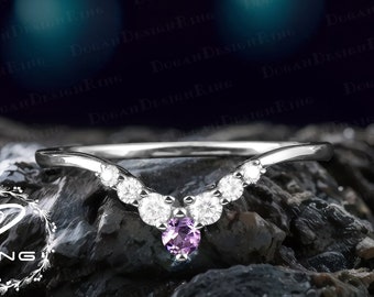 Vintage amethyst wedding ring Solid 14K white gold gemstone wedding band Unique art deco moissanite curved band Women handmade jewelry gifts