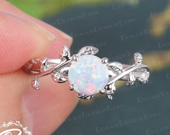 Vintage white opal engagement ring Unique 14K solid white gold promise ring Nature inspired art deco leaf ring Anniversary gifts for women