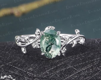 Oval cut Moss Agate Engagement Ring Leaf and vine Engagement Ring White Gold Ring Nature Inspired Alternative Gemstone Promise ring for her