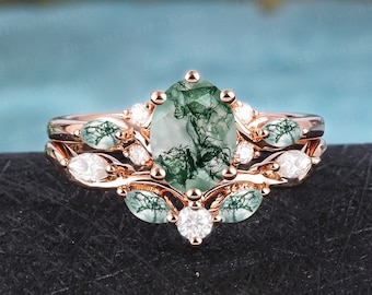 Vintage oval cut moss agate engagement ring sets Art deco promise ring Solid 14K 18K rose gold bridal sets Uniuqe anniversary gifts for her