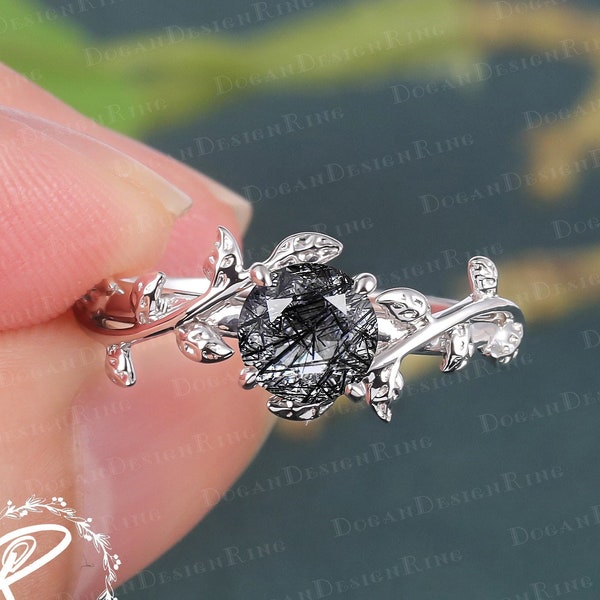 6.0 MM Black Rutilated Quartz Engagement Ring Leaf and vine Ring White Gold Ring Nature Inspired Ring healing gemstone Promise ring for her