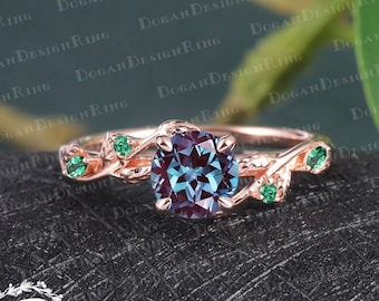 Unique Lab created alexandrite Engagement Ring Rose Gold Engagement Ring Leaf Design Ring Nature Inspired Bridal ring Twist Anniversary Ring