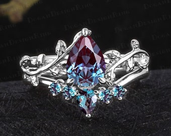 Unique pear shaped alexandrite engagement ring sets Vintage 14K white gold leaf promise ring for women Nature inspired art deco bridal sets