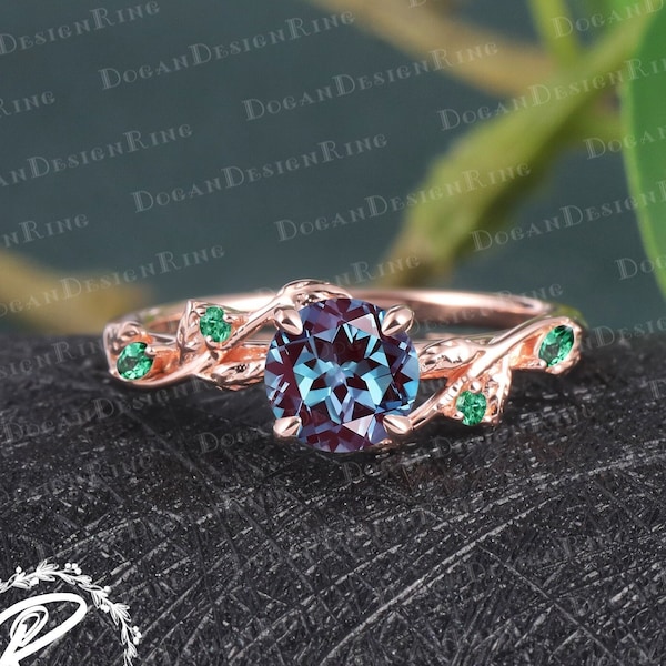 Unique Lab created alexandrite Engagement Ring Rose Gold Engagement Ring Leaf Design Ring Nature Inspired Bridal ring Twist Anniversary Ring