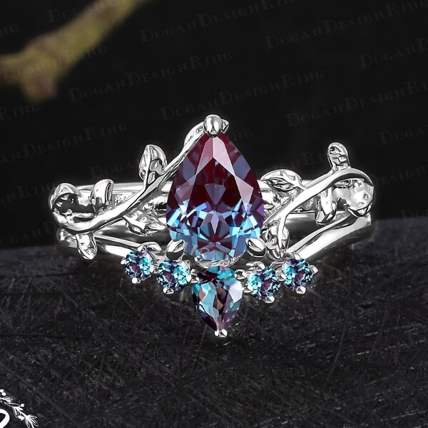 Unique pear shaped alexandrite engagement ring sets Vintage 14K white gold leaf promise ring for women Nature inspired art deco bridal sets