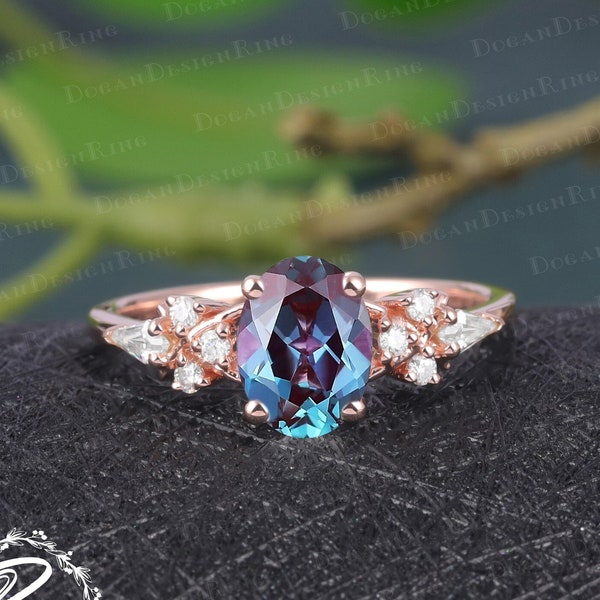 Vintage Oval cut Alexandrite engagement ring Rose Gold Engagement Ring Unique Kite Cut Diamond Cluster Ring Art deco Promise Bridal ring