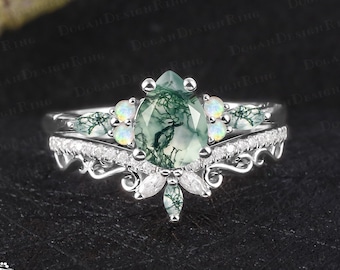 Unique pear shaped moss agate engagement ring sets Vintage 14K white gold promise ring Art deco gemstone bridal sets Handmade jewelry gifts