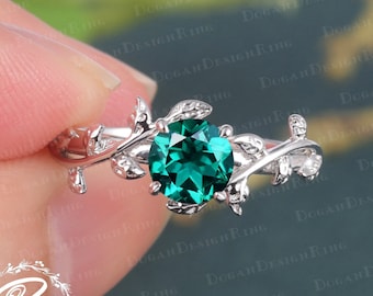 6.0MM Lab Created Emerald Engagement Ring Leaf and vine Engagement Ring White Gold Ring Nature Inspired Promise ring Twist Anniversary ring